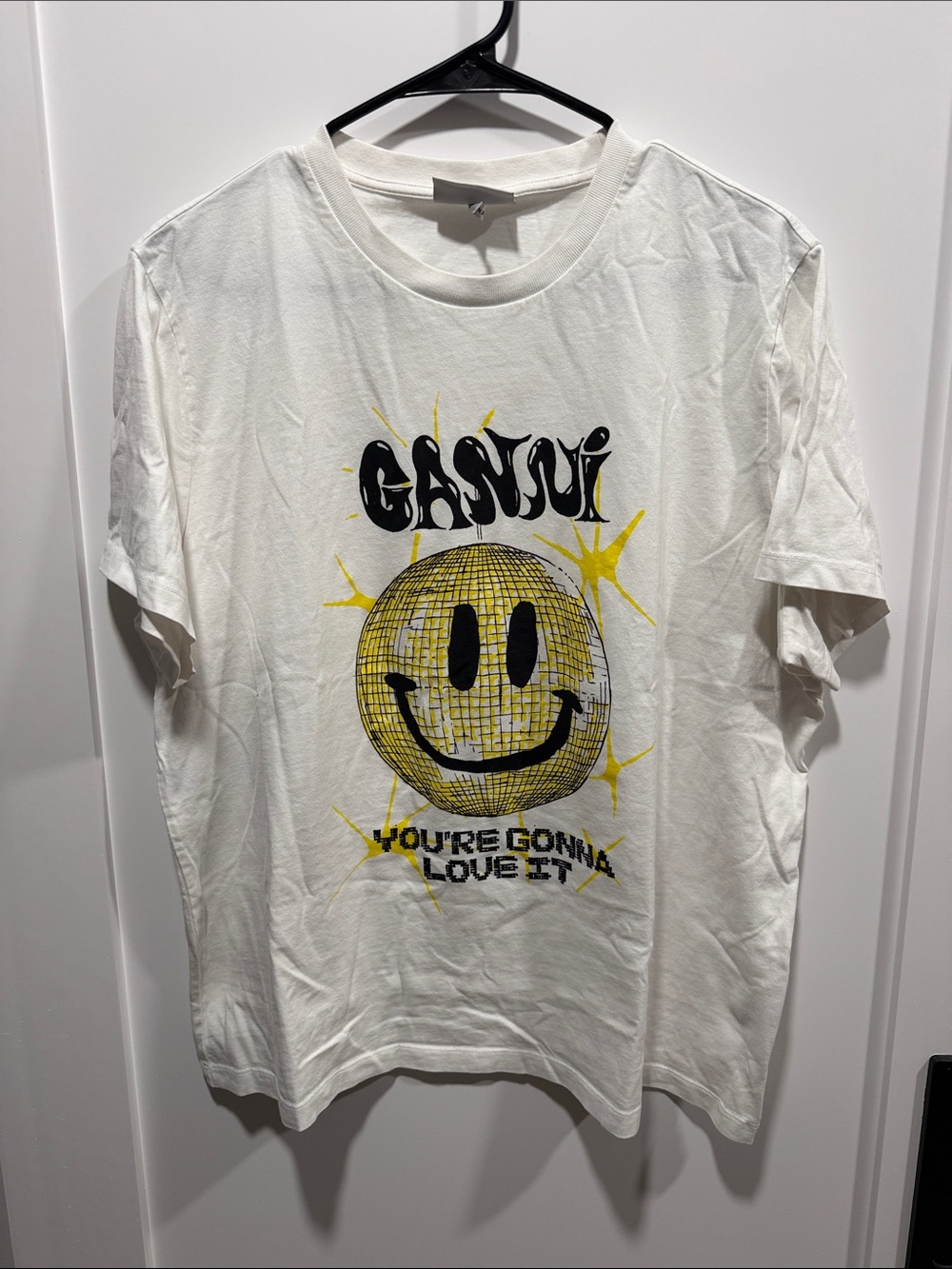 GANNI White Graphic Tee with Yellow Smiley Disco Ball XL